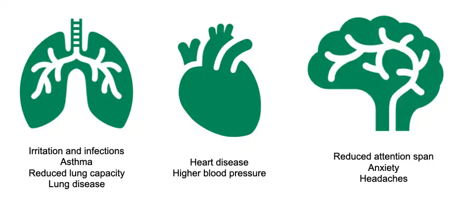Diagram showing the impacts of pollution on the lungs, heart and brain