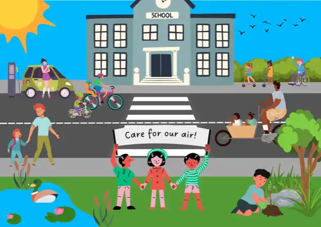 Illustration showing the area outside a school with clean air, and people and nature thriving