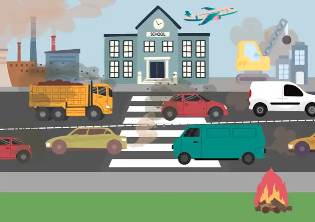 Illustration showing the area outside a school with fumes from traffic, fires and aircraft